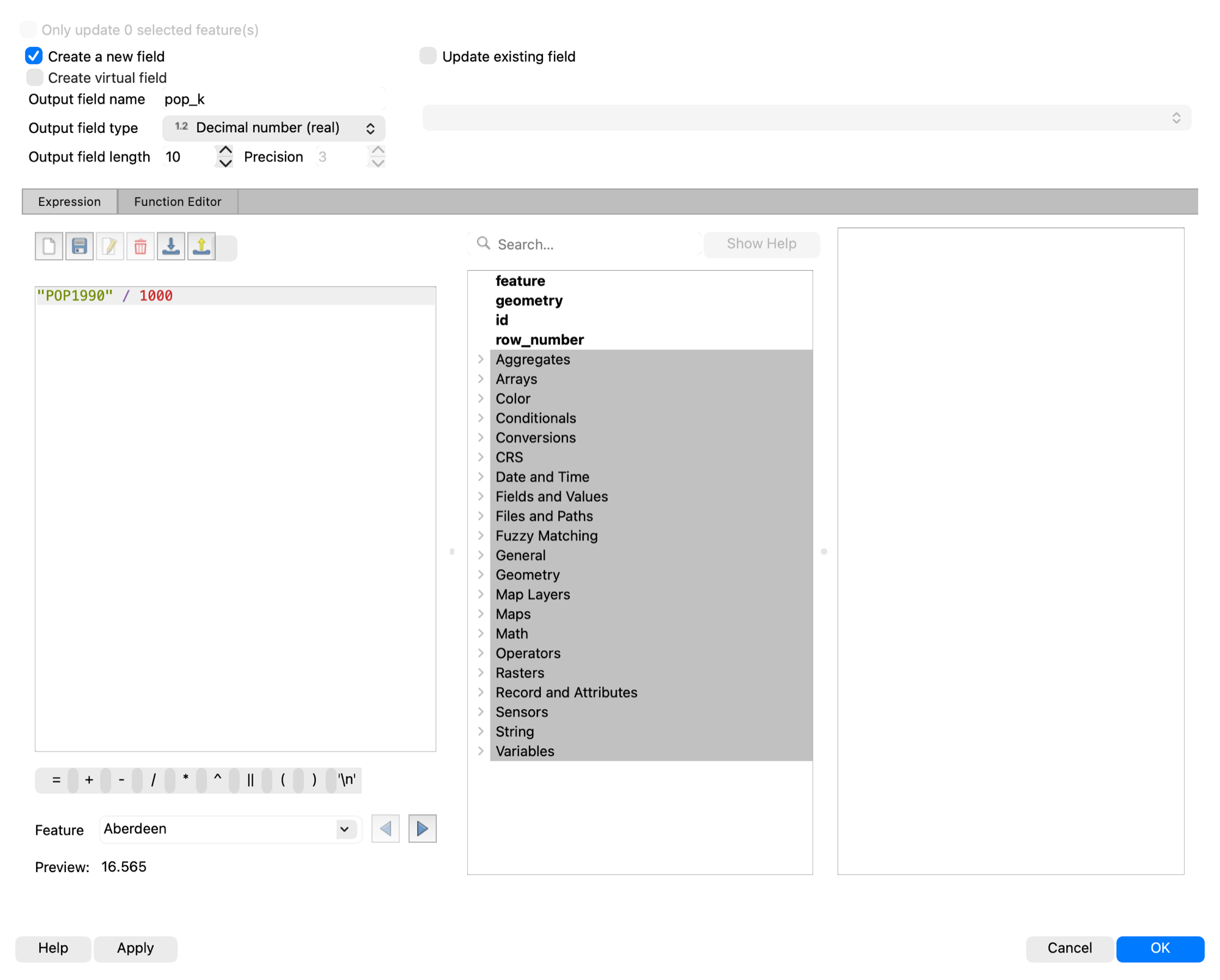 The Field Calculator creating a new decimal field named pop_k from the expression POP1990 divided by 1000, previewing 16.565