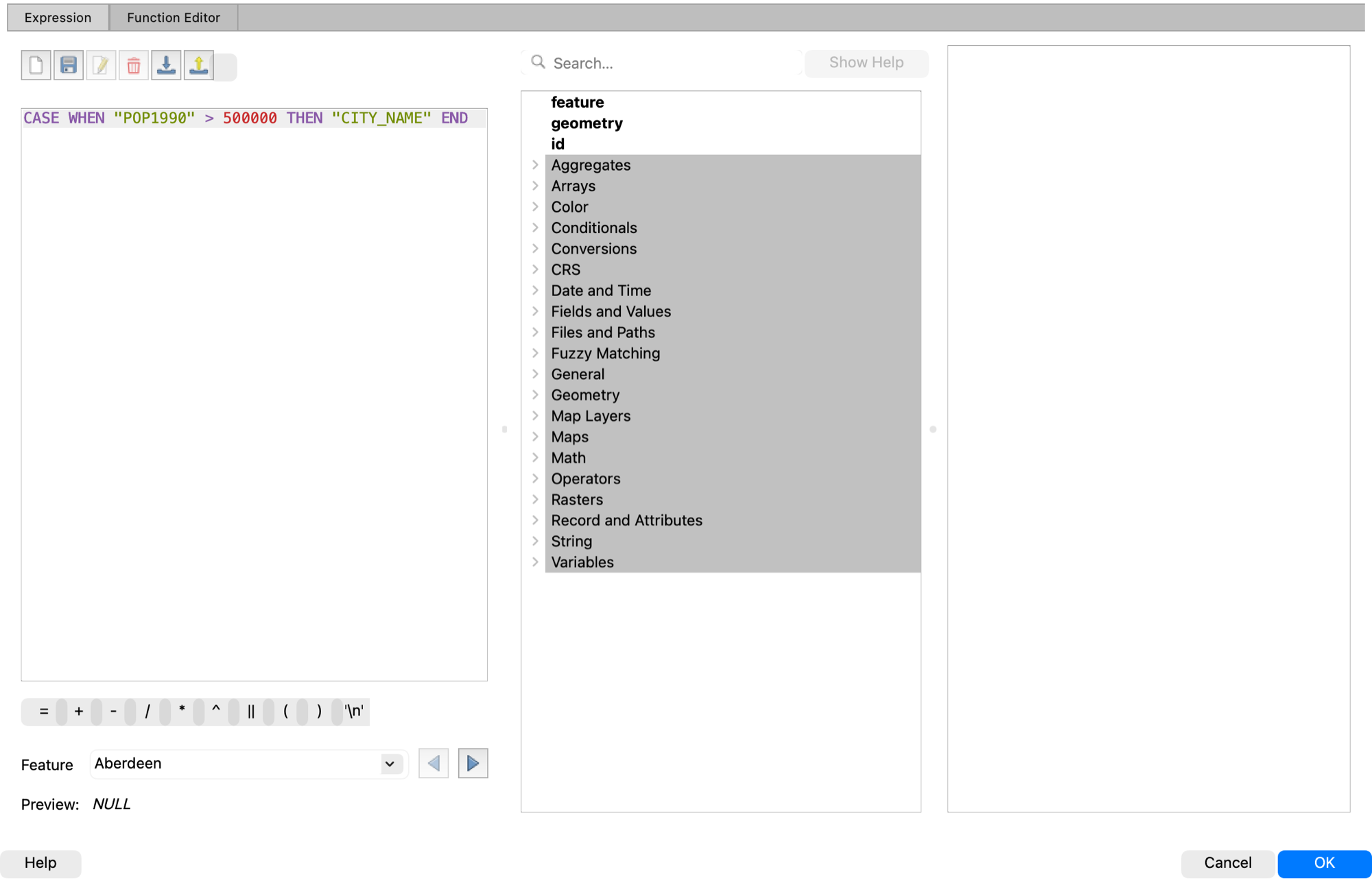 The expression builder holding CASE WHEN POP1990 is greater than 500000 THEN CITY_NAME END, with the preview evaluating against a sample city