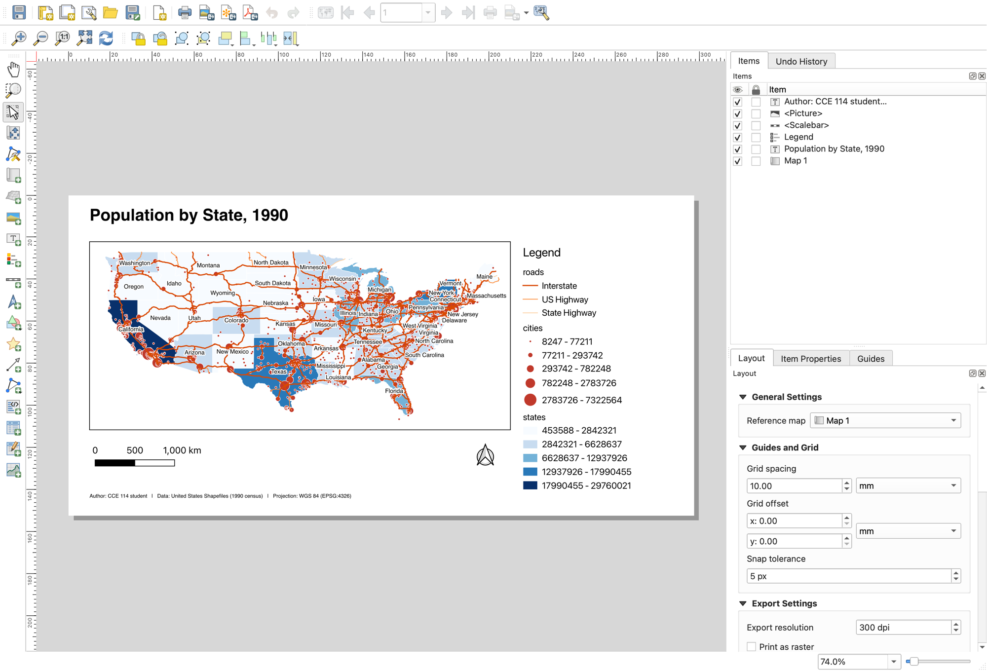 The Print Layout designer with the map, legend, scale bar, north arrow, title and credit line placed, and the Items panel listing all six