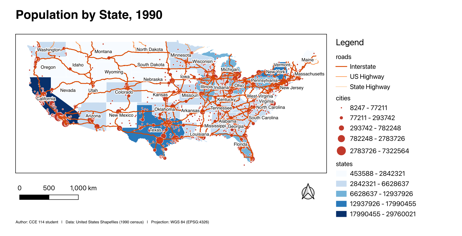 The exported layout: a choropleth of 1990 state population with roads and sized city symbols, plus title, legend, scale bar in kilometers, north arrow and a credit line naming author, data source and projection