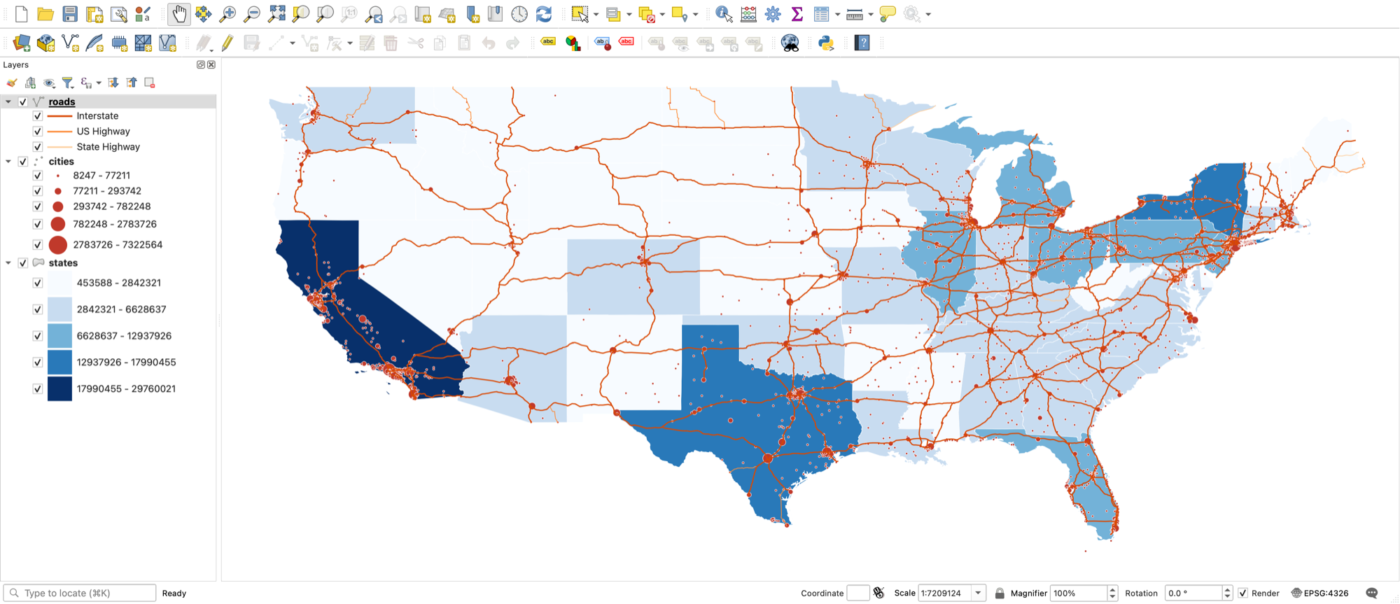 The map with states graduated by 1990 population, roads categorized by administrative class and cities sized by population