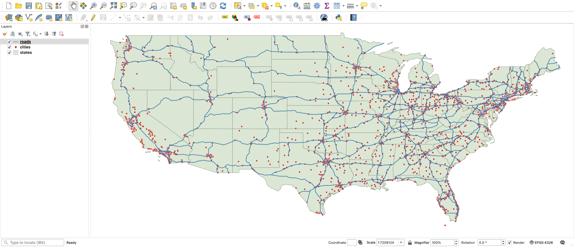 The QGIS main window with roads, cities and states loaded and each given a single symbol, the Layers panel on the left