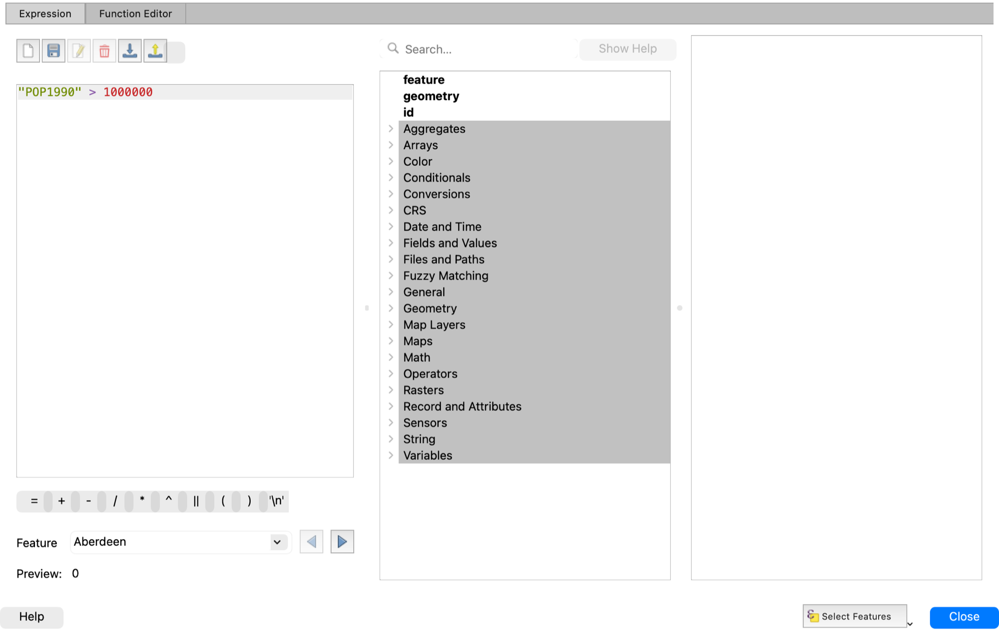 The Select by Expression dialog with the expression POP1990 greater than 1000000 entered