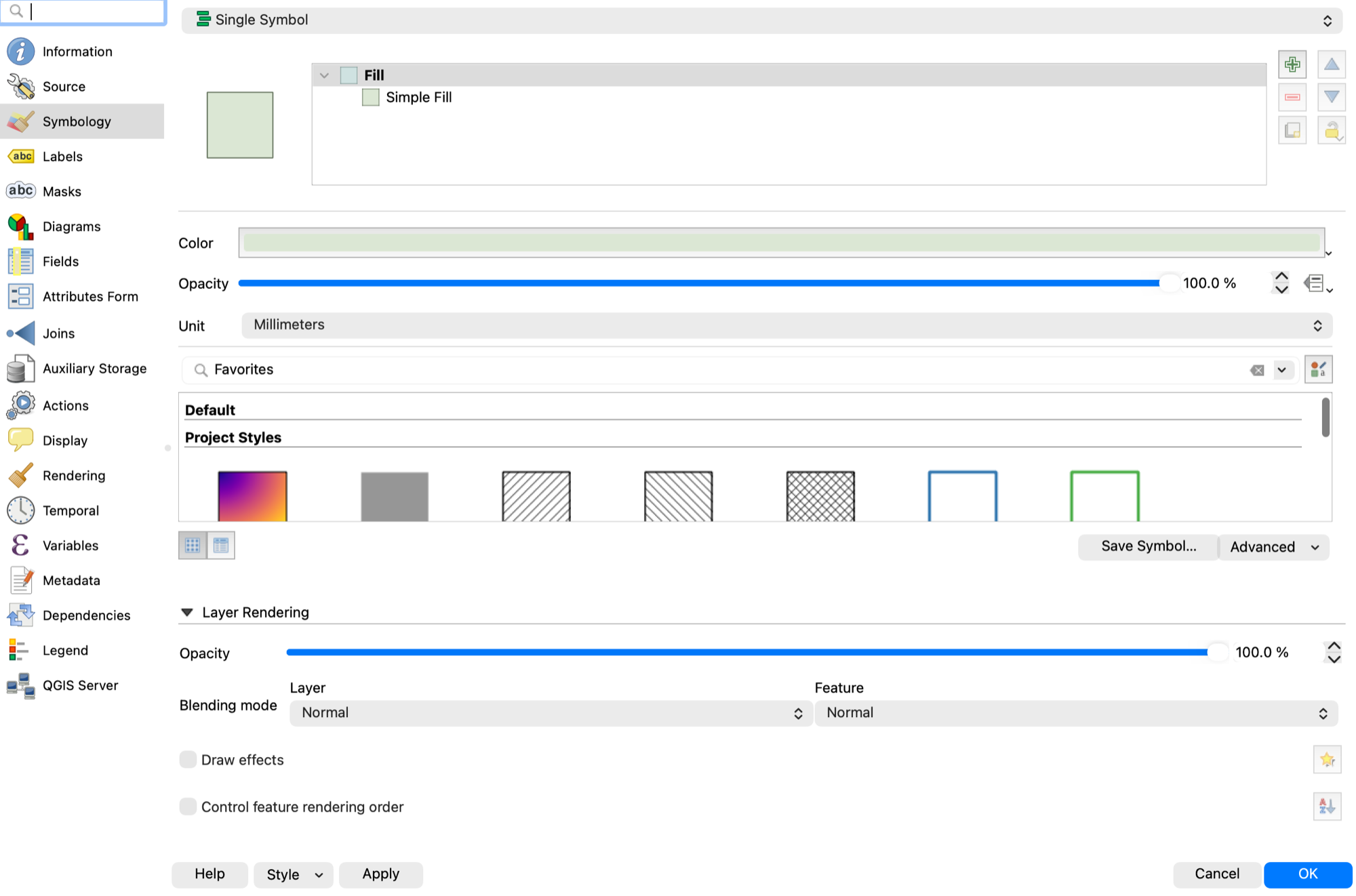 Layer Properties Symbology tab for the states layer on Single Symbol, showing the fill color and stroke width controls