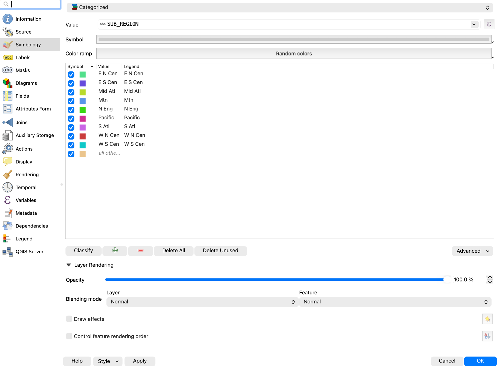 Categorized symbology on SUB_REGION after clicking Classify, showing the nine region categories and the all other values row QGIS adds
