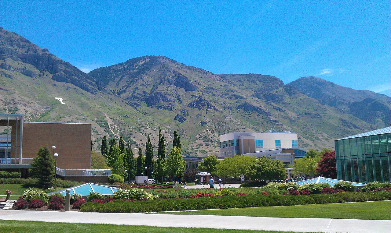 BYU's main quad, with campus walkways and Y Mountain behind the buildings