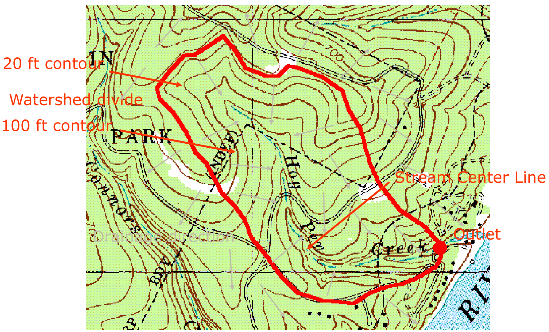 The same area with the watershed divide drawn by hand in red along the ridges